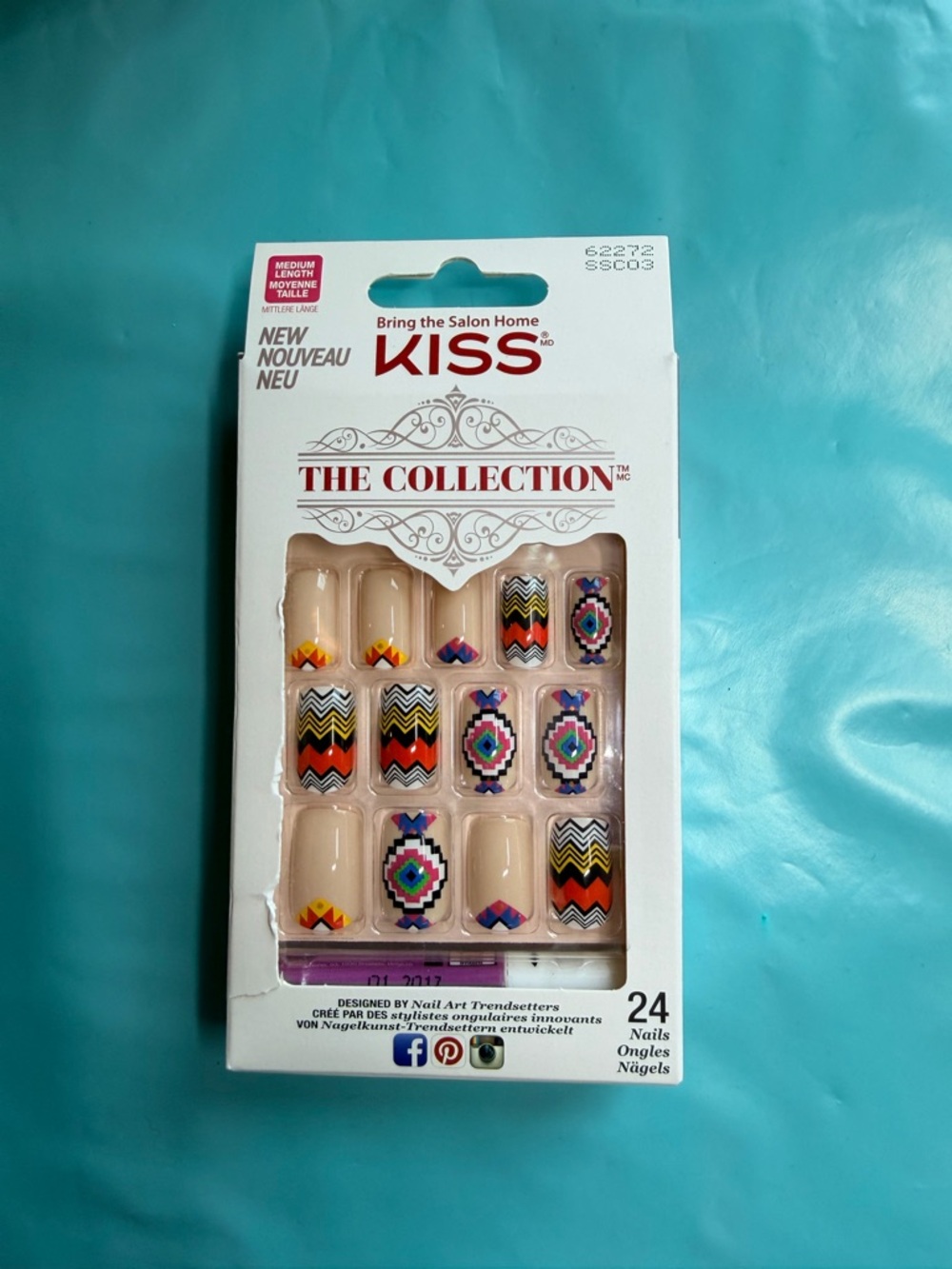 Kiss Press-On Nails Kit with Pink Gel Glue - Beige & Multicolor Accents